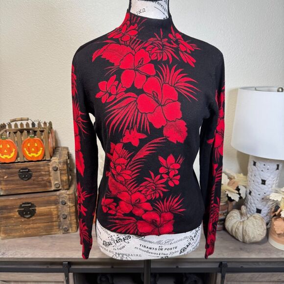 Vintage Cache Red/Black Floral Mock Neck Sweater Sz S Y2k 90s Grunge Lightweight - Picture 1 of 7